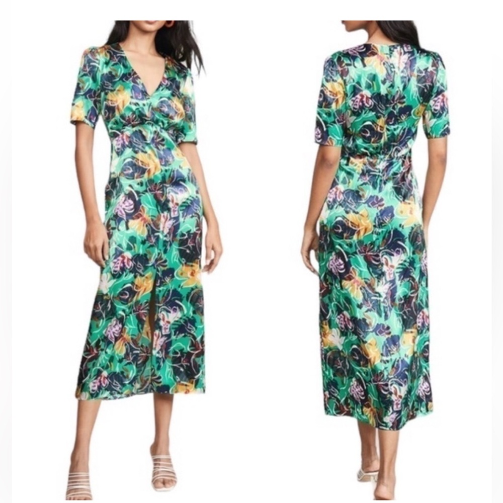 SALONI Eve Midi Silk Dress Green Black Floral $698